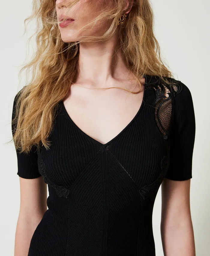 Twinset Short Knit Dress With Lace Black Women Dresses Twinset Short Knit Dress With Lace Black Women Dresses