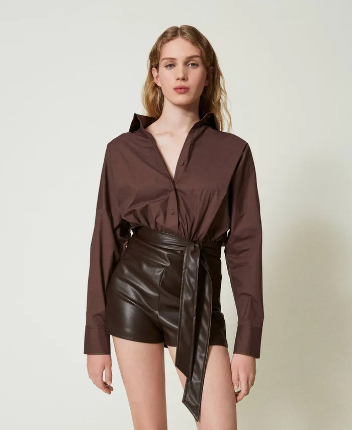 Twinset Short Poplin And Coated Fabric Jumpsuit Chocolate Women Dresses