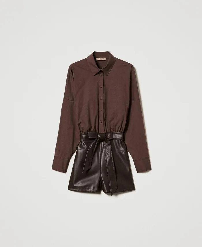 Twinset Short Poplin And Coated Fabric Jumpsuit Chocolate Women Dresses Twinset Short Poplin And Coated Fabric Jumpsuit Chocolate Women Dresses