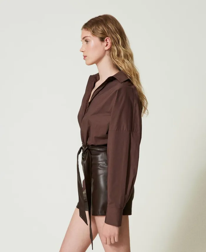 Twinset Short Poplin And Coated Fabric Jumpsuit Chocolate Women Dresses Twinset Short Poplin And Coated Fabric Jumpsuit Chocolate Women Dresses
