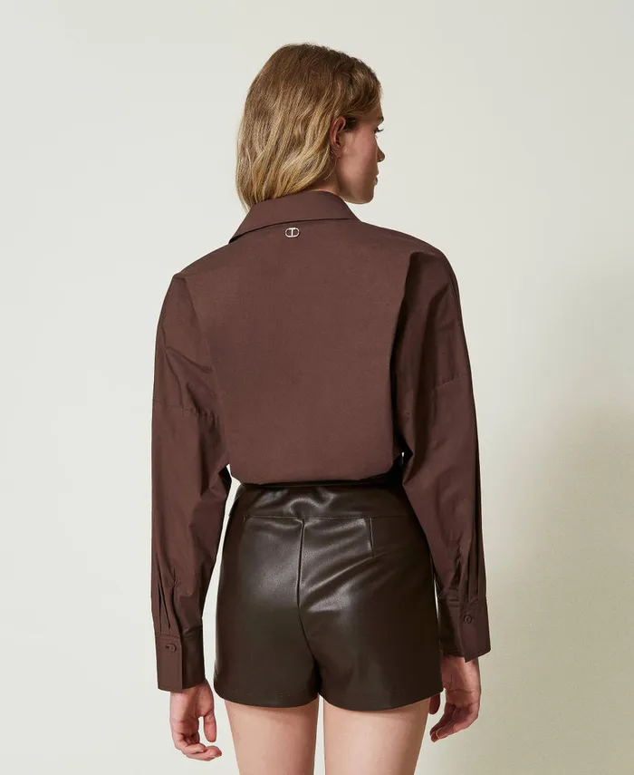 Twinset Short Poplin And Coated Fabric Jumpsuit Chocolate Women Dresses Twinset Short Poplin And Coated Fabric Jumpsuit Chocolate Women Dresses