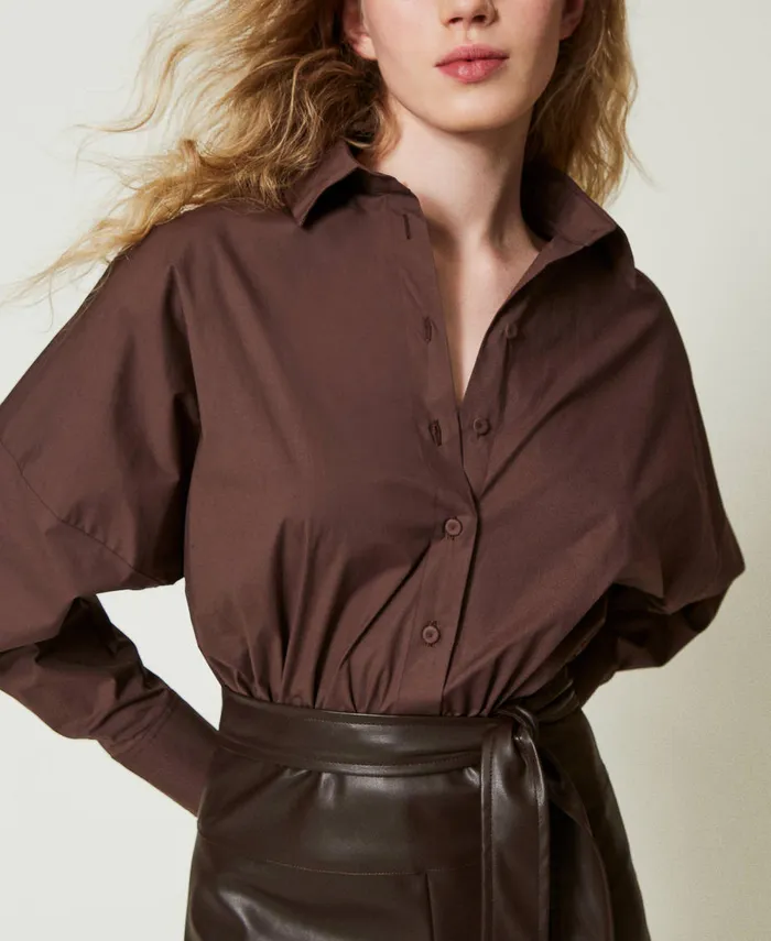Twinset Short Poplin And Coated Fabric Jumpsuit Chocolate Women Dresses Twinset Short Poplin And Coated Fabric Jumpsuit Chocolate Women Dresses