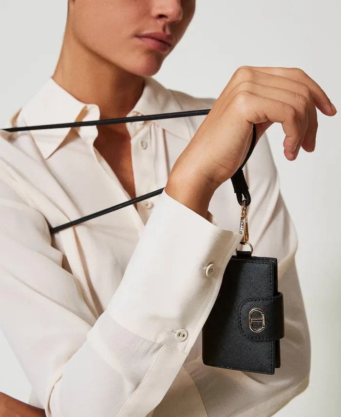Twinset Shoulder Card Holder With Oval T Black Women Wallets And Keyrings Twinset Shoulder Card Holder With Oval T Black Women Wallets And Keyrings