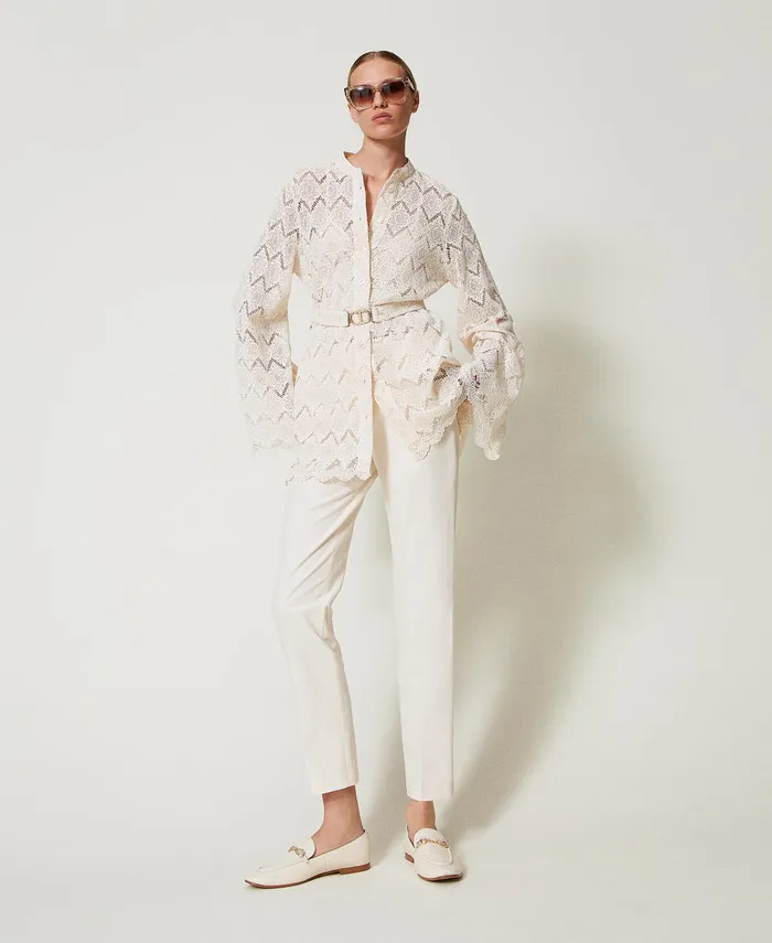 Twinset Straight CottonBlend Gabardine Trousers Mother Of Pearl Women Trousers