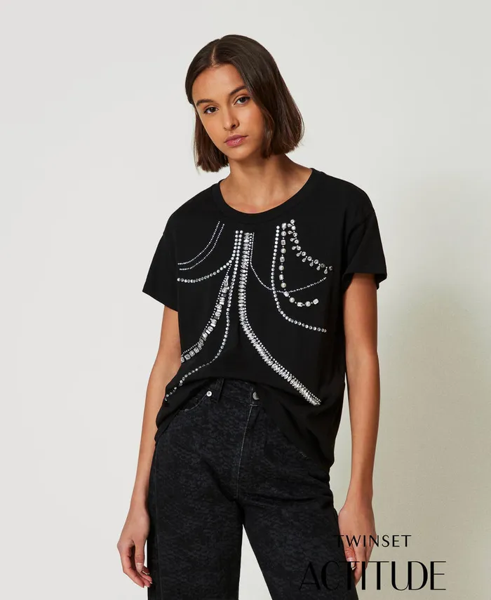 Twinset TShirt With Embroidery And Pearls Black Women TShirts And Tops