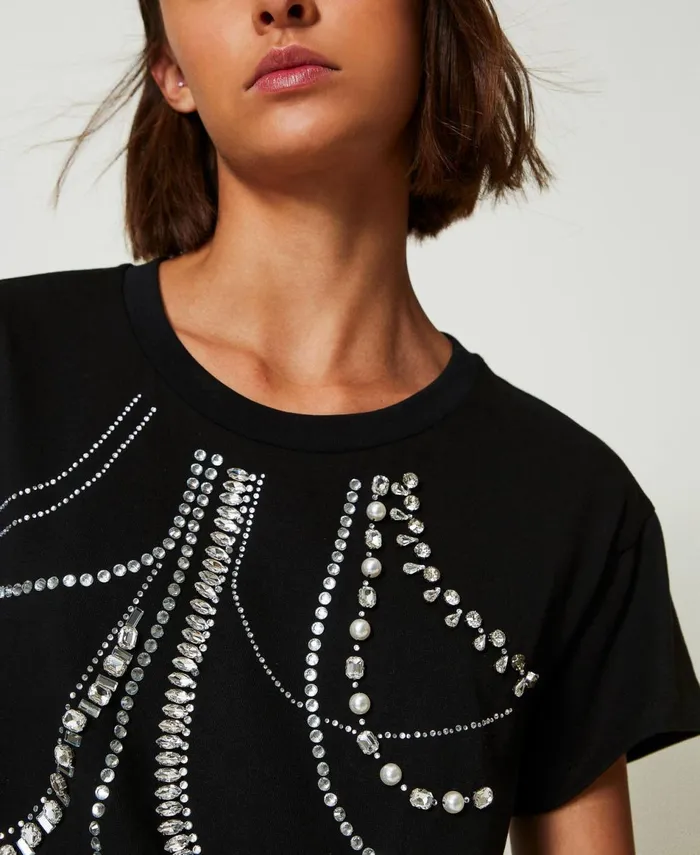 Twinset TShirt With Embroidery And Pearls Black Women TShirts And Tops Twinset TShirt With Embroidery And Pearls Black Women TShirts And Tops