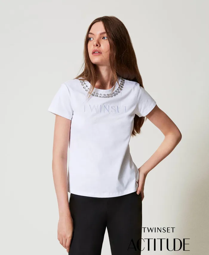 Twinset TShirt With Hand Embroidery And Logo Papers White Women TShirts And Tops
