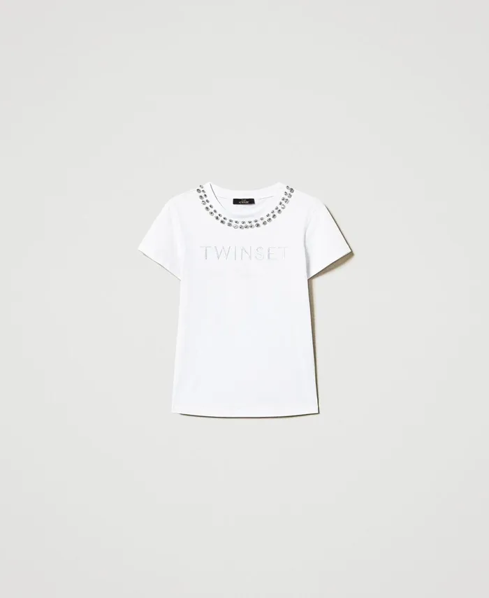 Twinset TShirt With Hand Embroidery And Logo Papers White Women TShirts And Tops Twinset TShirt With Hand Embroidery And Logo Papers White Women TShirts And Tops