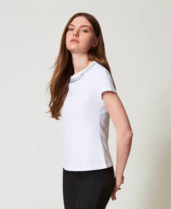 Twinset TShirt With Hand Embroidery And Logo Papers White Women TShirts And Tops Twinset TShirt With Hand Embroidery And Logo Papers White Women TShirts And Tops