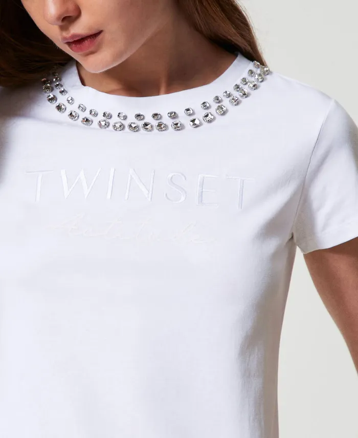 Twinset TShirt With Hand Embroidery And Logo Papers White Women TShirts And Tops Twinset TShirt With Hand Embroidery And Logo Papers White Women TShirts And Tops