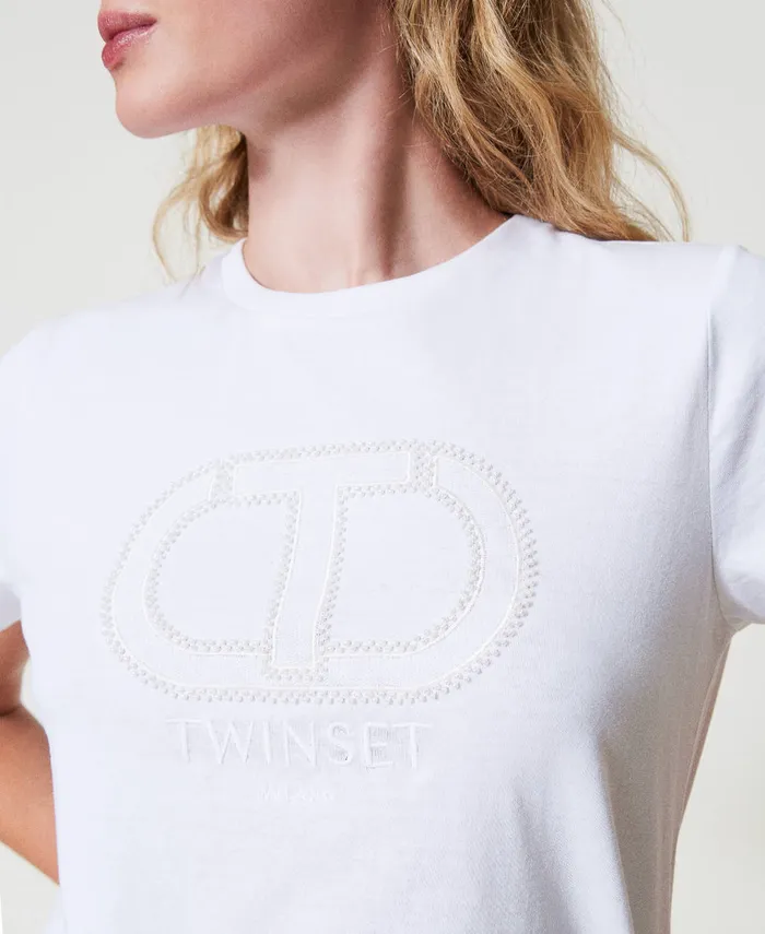 Twinset TShirt With Oval T Logo Embroidery White Women TShirts And Tops