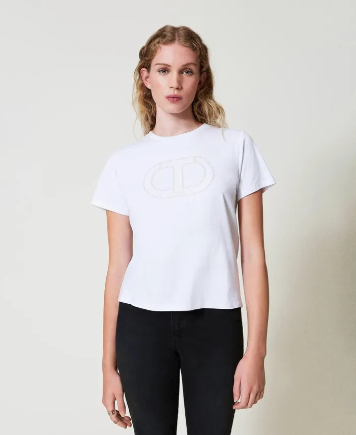 Twinset TShirt With Oval T Logo Embroidery White Women TShirts And Tops Twinset TShirt With Oval T Logo Embroidery White Women TShirts And Tops