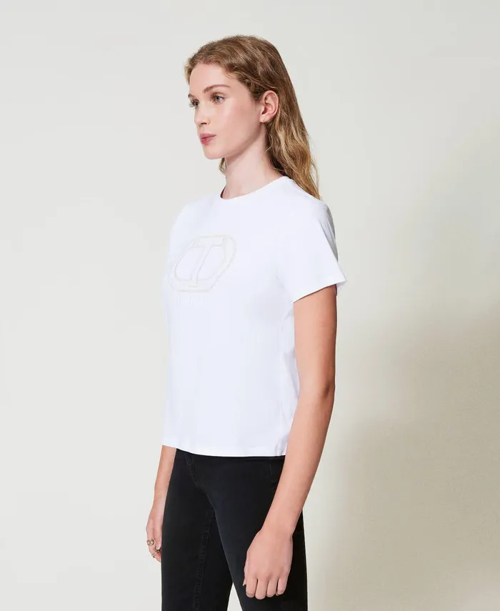Twinset TShirt With Oval T Logo Embroidery White Women TShirts And Tops Twinset TShirt With Oval T Logo Embroidery White Women TShirts And Tops