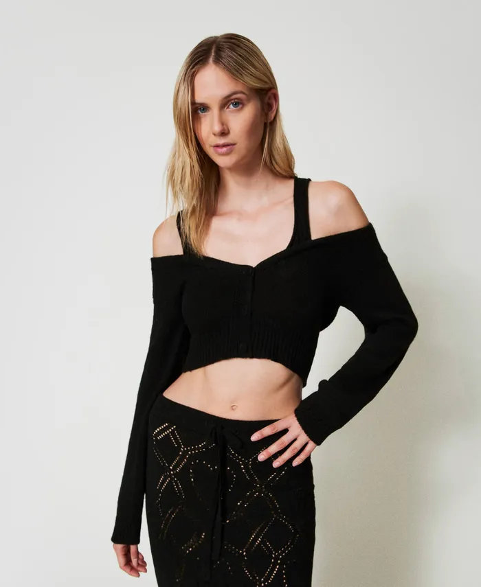 Twinset Treeblend Yarn Cardigan With Cable Knit Pattern Black Women Jumpers And Cardigans