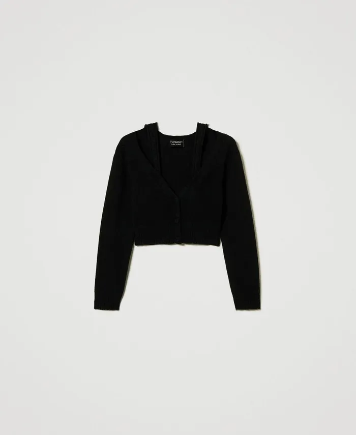 Twinset Treeblend Yarn Cardigan With Cable Knit Pattern Black Women Jumpers And Cardigans