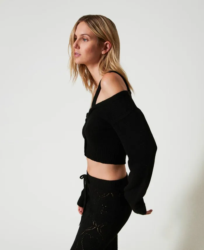 Twinset Treeblend Yarn Cardigan With Cable Knit Pattern Black Women Jumpers And Cardigans