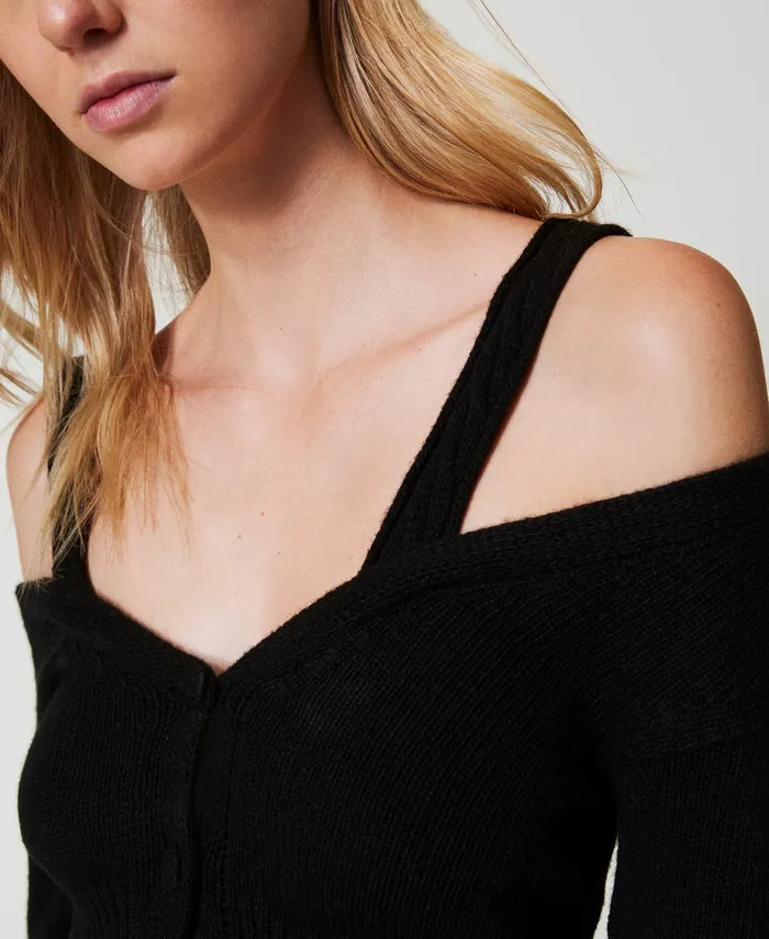 Twinset Treeblend Yarn Cardigan With Cable Knit Pattern Black Women Jumpers And Cardigans