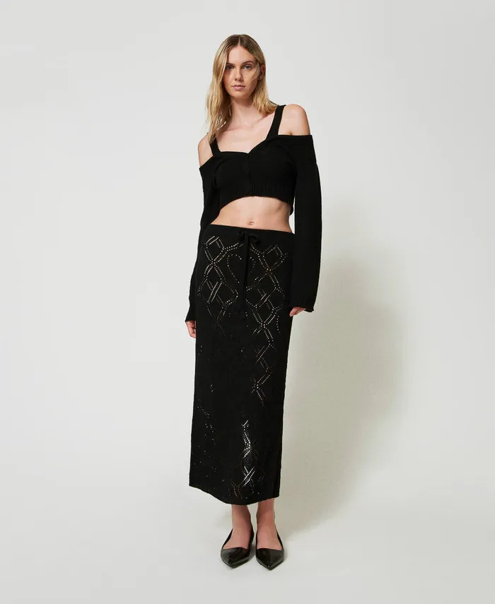 Twinset Treeblend Yarn Cardigan With Cable Knit Pattern Black Women Jumpers And Cardigans