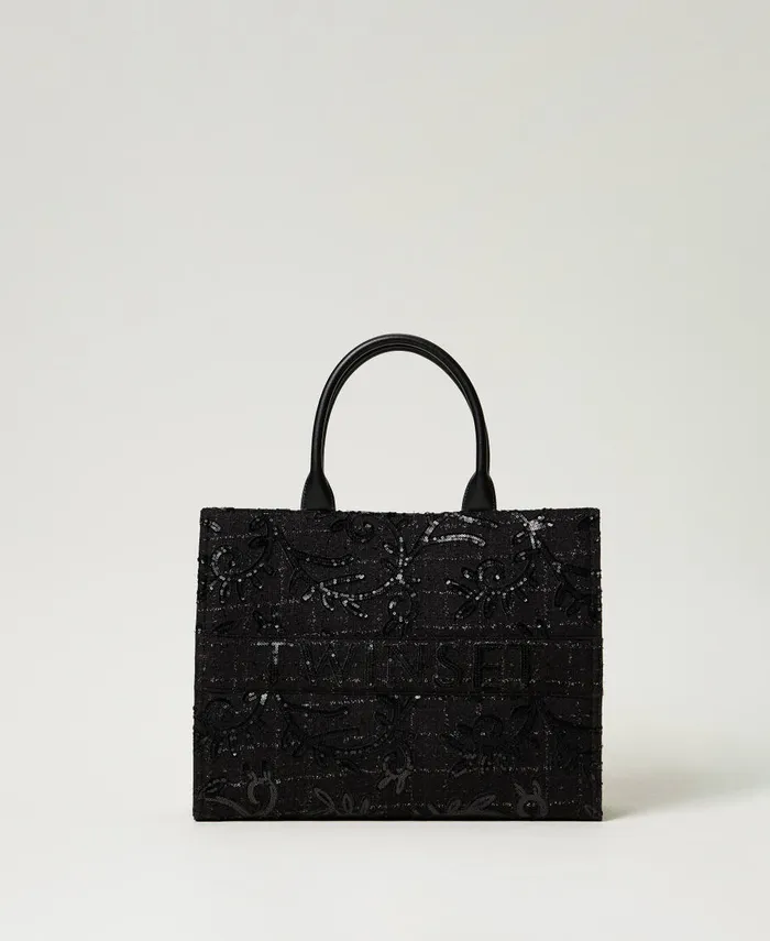 Twinset Victoria039 Shopper Bag With Embroidery And Logo Black Women Shopping Bags