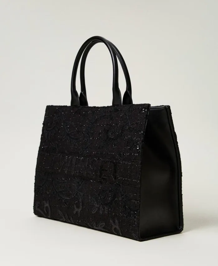 Twinset Victoria039 Shopper Bag With Embroidery And Logo Black Women Shopping Bags Twinset Victoria039 Shopper Bag With Embroidery And Logo Black Women Shopping Bags