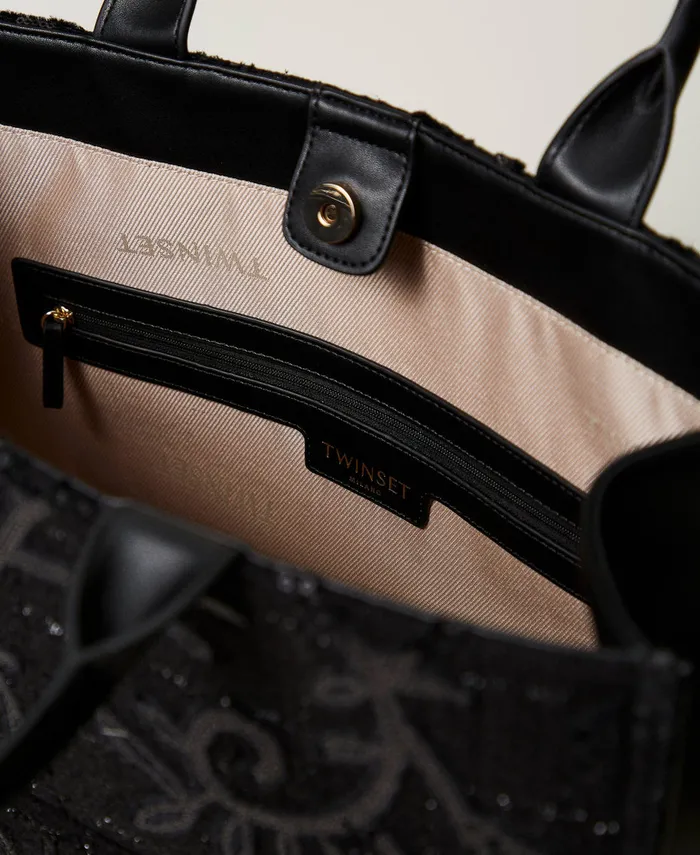 Twinset Victoria039 Shopper Bag With Embroidery And Logo Black Women Shopping Bags Twinset Victoria039 Shopper Bag With Embroidery And Logo Black Women Shopping Bags