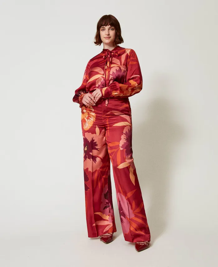 Twinset Wide Leg Floral Satin Trousers Red Red Plum Macro Flowers Women Suits And Sets