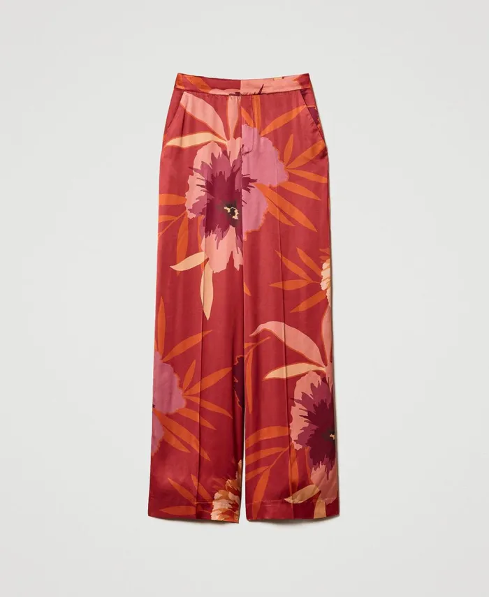 Twinset Wide Leg Floral Satin Trousers Red Red Plum Macro Flowers Women Suits And Sets Twinset Wide Leg Floral Satin Trousers Red Red Plum Macro Flowers Women Suits And Sets
