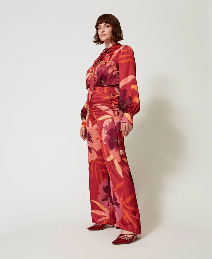 Twinset Wide Leg Floral Satin Trousers Red Red Plum Macro Flowers Women Suits And Sets Twinset Wide Leg Floral Satin Trousers Red Red Plum Macro Flowers Women Suits And Sets