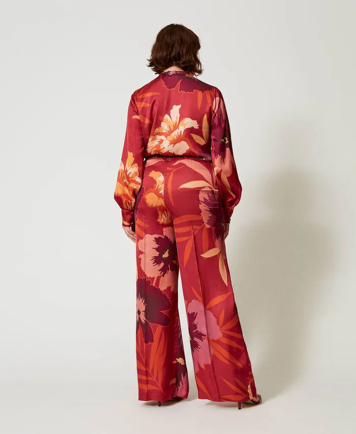 Twinset Wide Leg Floral Satin Trousers Red Red Plum Macro Flowers Women Suits And Sets Twinset Wide Leg Floral Satin Trousers Red Red Plum Macro Flowers Women Suits And Sets