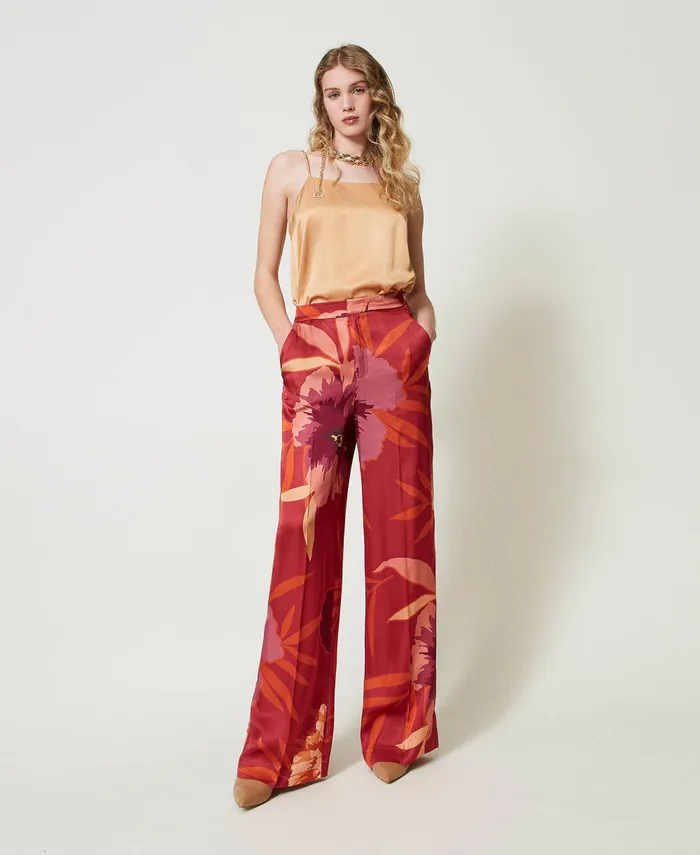 Twinset Wide Leg Floral Satin Trousers Red Red Plum Macro Flowers Women Suits And Sets Twinset Wide Leg Floral Satin Trousers Red Red Plum Macro Flowers Women Suits And Sets