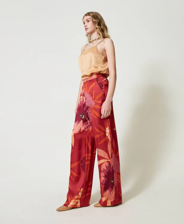 Twinset Wide Leg Floral Satin Trousers Red Red Plum Macro Flowers Women Suits And Sets Twinset Wide Leg Floral Satin Trousers Red Red Plum Macro Flowers Women Suits And Sets