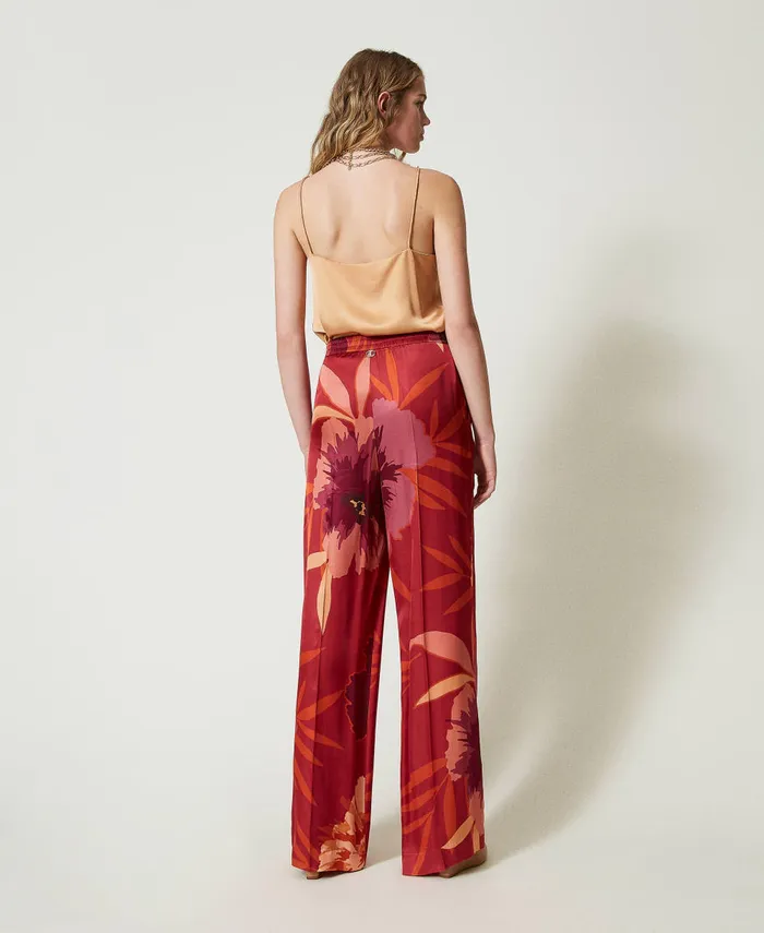 Twinset Wide Leg Floral Satin Trousers Red Red Plum Macro Flowers Women Suits And Sets Twinset Wide Leg Floral Satin Trousers Red Red Plum Macro Flowers Women Suits And Sets