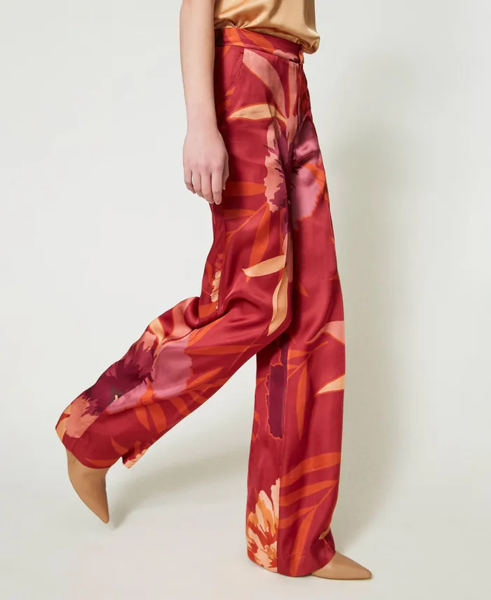 Twinset Wide Leg Floral Satin Trousers Red Red Plum Macro Flowers Women Suits And Sets Twinset Wide Leg Floral Satin Trousers Red Red Plum Macro Flowers Women Suits And Sets