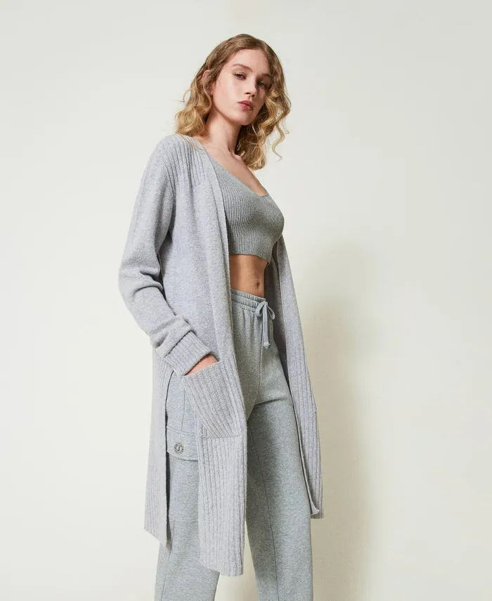 Twinset Wool And Lurex Blend Maxi Cardigan Twotone Grey Silver Women Jumpers And Cardigans