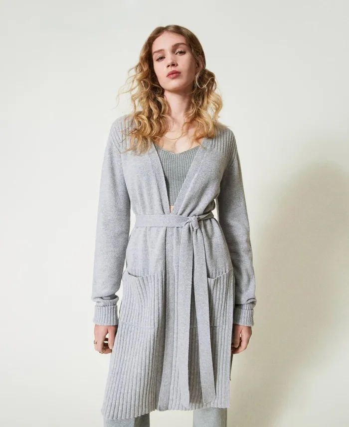 Twinset Wool And Lurex Blend Maxi Cardigan Twotone Grey Silver Women Jumpers And Cardigans Twinset Wool And Lurex Blend Maxi Cardigan Twotone Grey Silver Women Jumpers And Cardigans