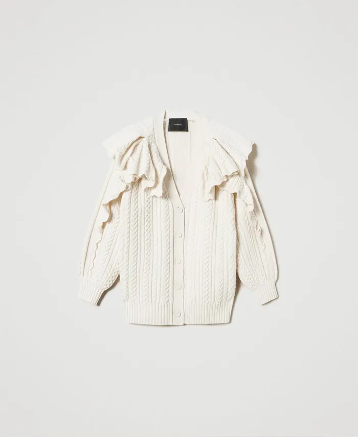 Twinset Wool Blend Cardigan With Ruffles White Snow Women Jumpers And Cardigans Twinset Wool Blend Cardigan With Ruffles White Snow Women Jumpers And Cardigans