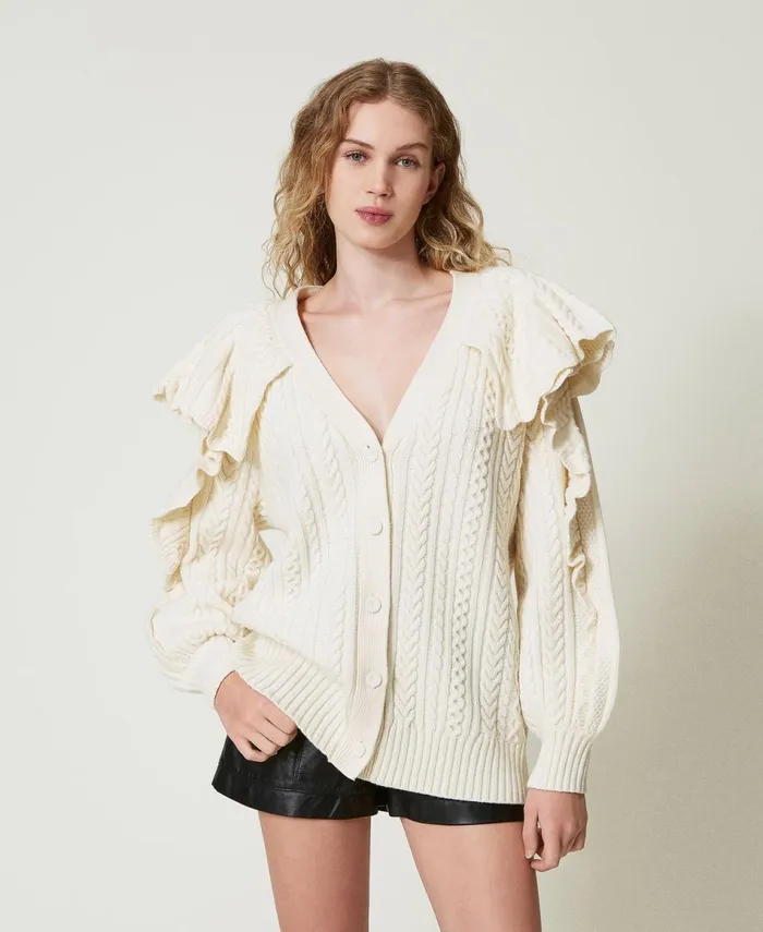 Twinset Wool Blend Cardigan With Ruffles White Snow Women Jumpers And Cardigans Twinset Wool Blend Cardigan With Ruffles White Snow Women Jumpers And Cardigans