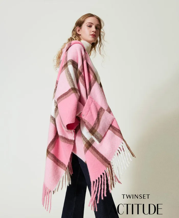 Twinset Wool Cloth Poncho With Fringes Crystal Pink Multicolour Check Women Jackets And Outerwear