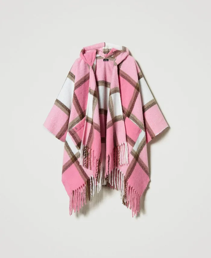 Twinset Wool Cloth Poncho With Fringes Crystal Pink Multicolour Check Women Jackets And Outerwear Twinset Wool Cloth Poncho With Fringes Crystal Pink Multicolour Check Women Jackets And Outerwear