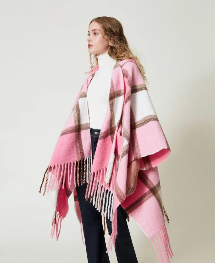 Twinset Wool Cloth Poncho With Fringes Crystal Pink Multicolour Check Women Jackets And Outerwear Twinset Wool Cloth Poncho With Fringes Crystal Pink Multicolour Check Women Jackets And Outerwear