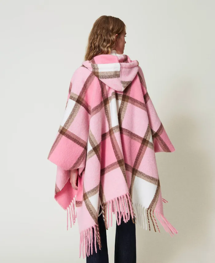 Twinset Wool Cloth Poncho With Fringes Crystal Pink Multicolour Check Women Jackets And Outerwear Twinset Wool Cloth Poncho With Fringes Crystal Pink Multicolour Check Women Jackets And Outerwear