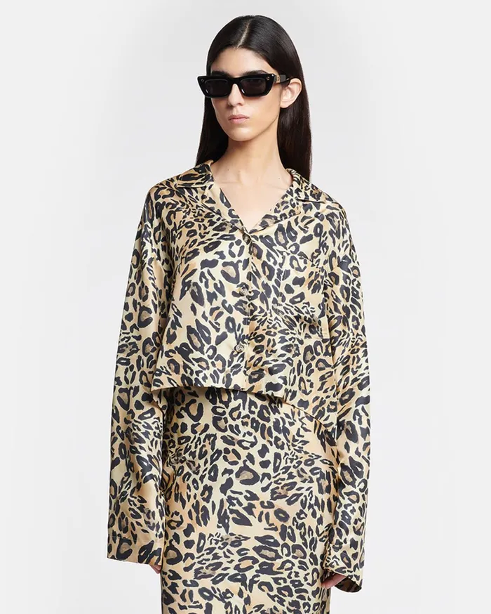 Vally Cropped Printed SilkTwill Shirt Leopard Women Nanushka Tops