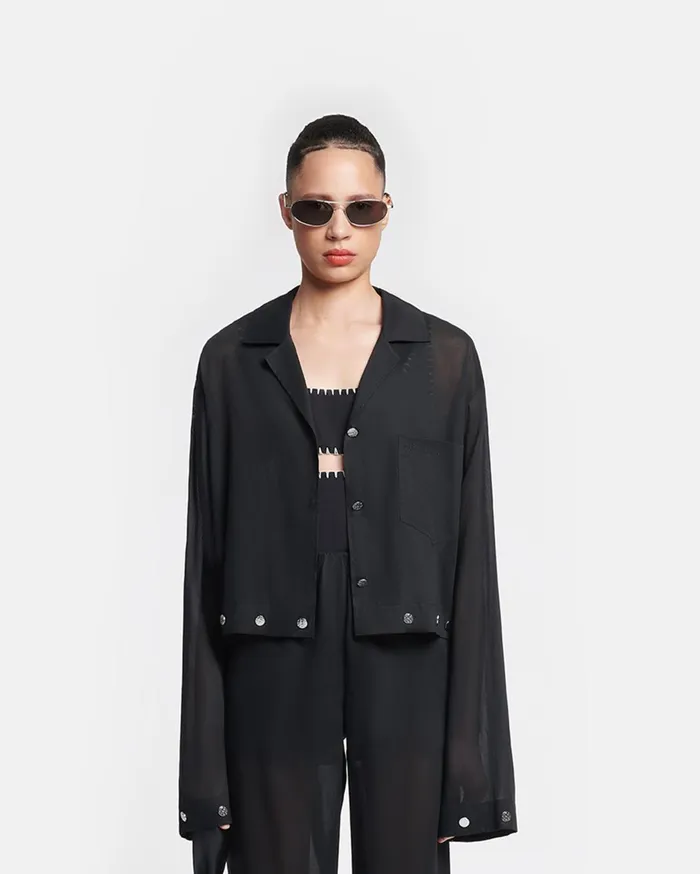Vally Studded Cropped Organza Shirt Black Women Nanushka Tops