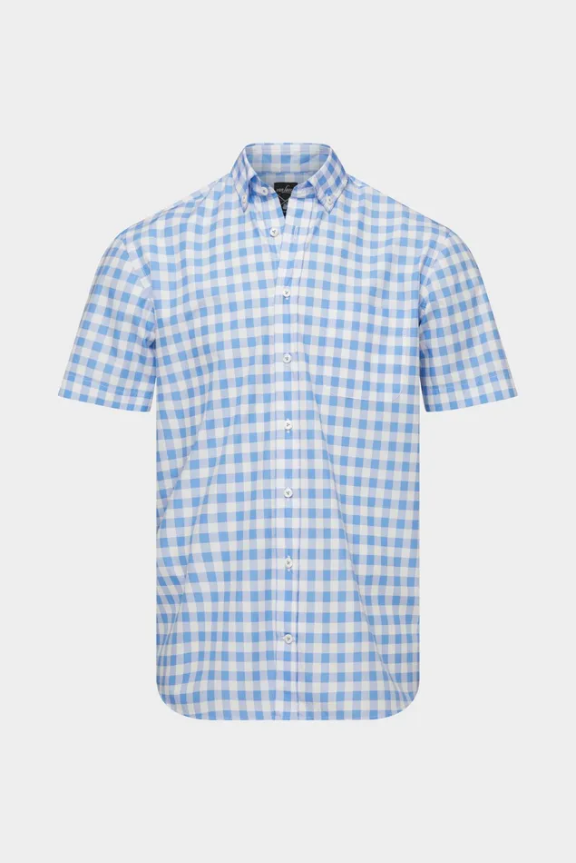 Van Laack Casual Shirts Men Checked Poplin Shortsleeved Shirt With Buttondown Collar Blue