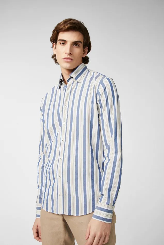 Van Laack Casual Shirts Men Sun Bleached Broad Striped Button Down Collar Cotton Shirt