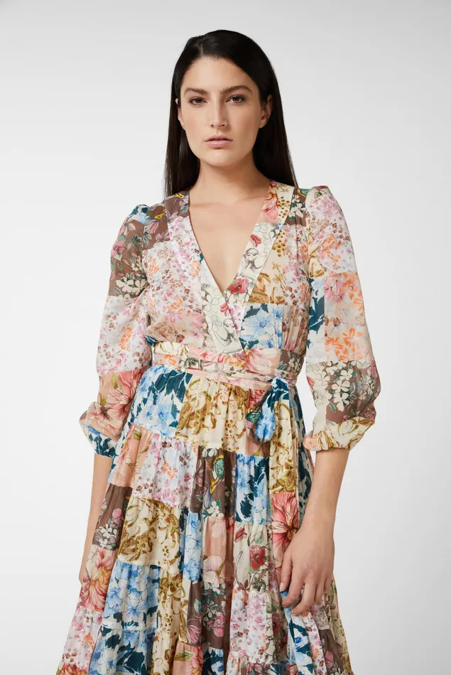 Van Laack Dresses and Skirts Women Midi Wrap Dress With Puff Sleeves And Floral Patchwork Print Made Of Cotton Voile Van Laack Dresses and Skirts Women Midi Wrap Dress With Puff Sleeves And Floral Patchwork Print Made Of Cotton Voile