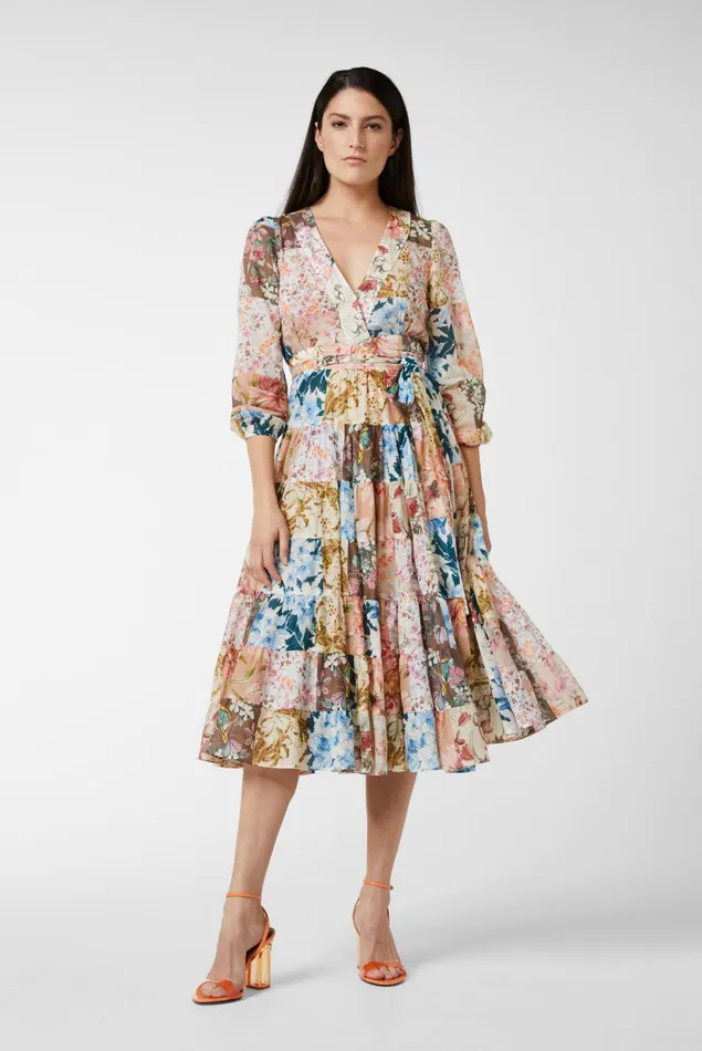 Van Laack Dresses and Skirts Women Midi Wrap Dress With Puff Sleeves And Floral Patchwork Print Made Of Cotton Voile Van Laack Dresses and Skirts Women Midi Wrap Dress With Puff Sleeves And Floral Patchwork Print Made Of Cotton Voile