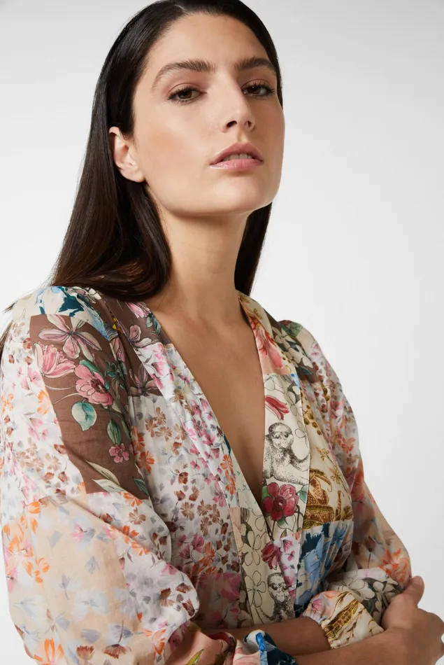 Van Laack Dresses and Skirts Women Midi Wrap Dress With Puff Sleeves And Floral Patchwork Print Made Of Cotton Voile Van Laack Dresses and Skirts Women Midi Wrap Dress With Puff Sleeves And Floral Patchwork Print Made Of Cotton Voile