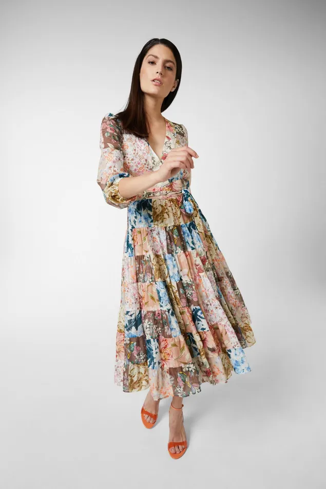 Van Laack Dresses and Skirts Women Midi Wrap Dress With Puff Sleeves And Floral Patchwork Print Made Of Cotton Voile Van Laack Dresses and Skirts Women Midi Wrap Dress With Puff Sleeves And Floral Patchwork Print Made Of Cotton Voile