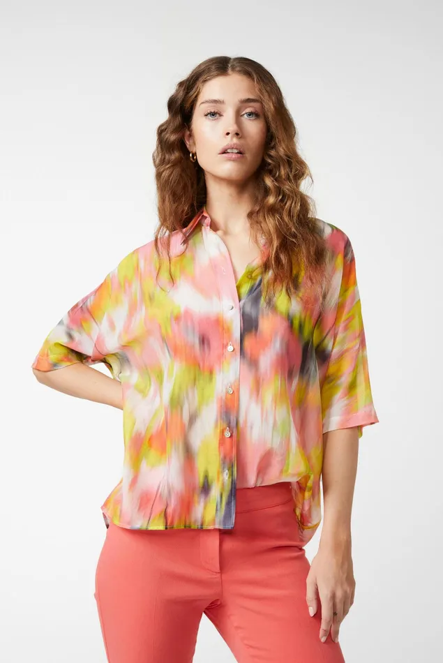 Van Laack Festive Blouses Women Short Sleeve Blouse Cotton Silk Voile Blend Blouse With Smudged Floral Print